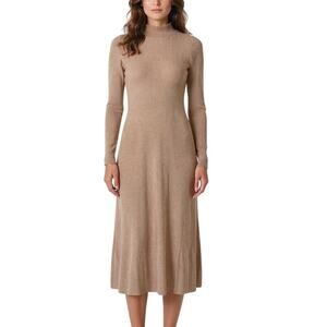 MNG Ribbed Knit Midi Dress Size 4 Beige Long Sleeve Mock Neck A Line Minimalist